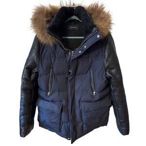 Mackage Gavin down coat with leather sleeves and a fur hood